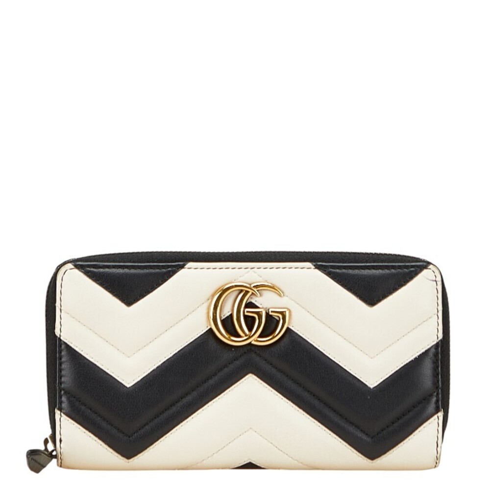 Gucci Black and Cream Chevron Zip-Around Wallet with Gold GG